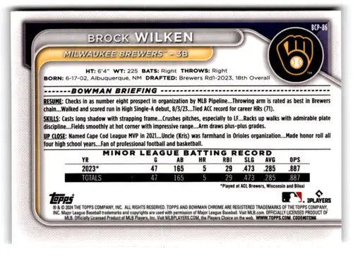 2024 Bowman Mega Box Mojo Prospects Refractor #BCP-86 Brock Wilken NM-M ID:70670 - Baseball Card Single