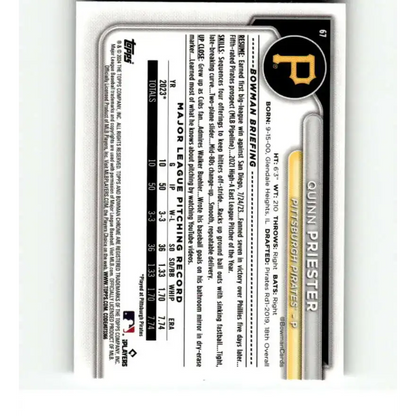 2024 Bowman Mega Box Mojo Refractor #67 Quinn Priester NM-MT RC Rookie Pittsburgh Pirates Baseball Card