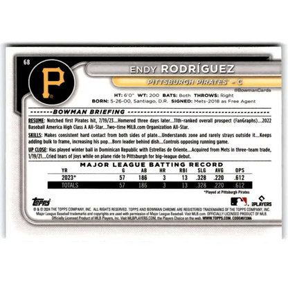 2024 Bowman Mega Box Mojo Refractor #68 Endy Rodriguez NM-MT RC Rookie Pittsburgh Pirates Baseball Card