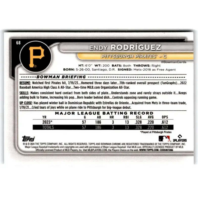 2024 Bowman Mega Box Mojo Refractor #68 Endy Rodriguez NM-MT RC Rookie Pittsburgh Pirates Baseball Card - Baseball Card