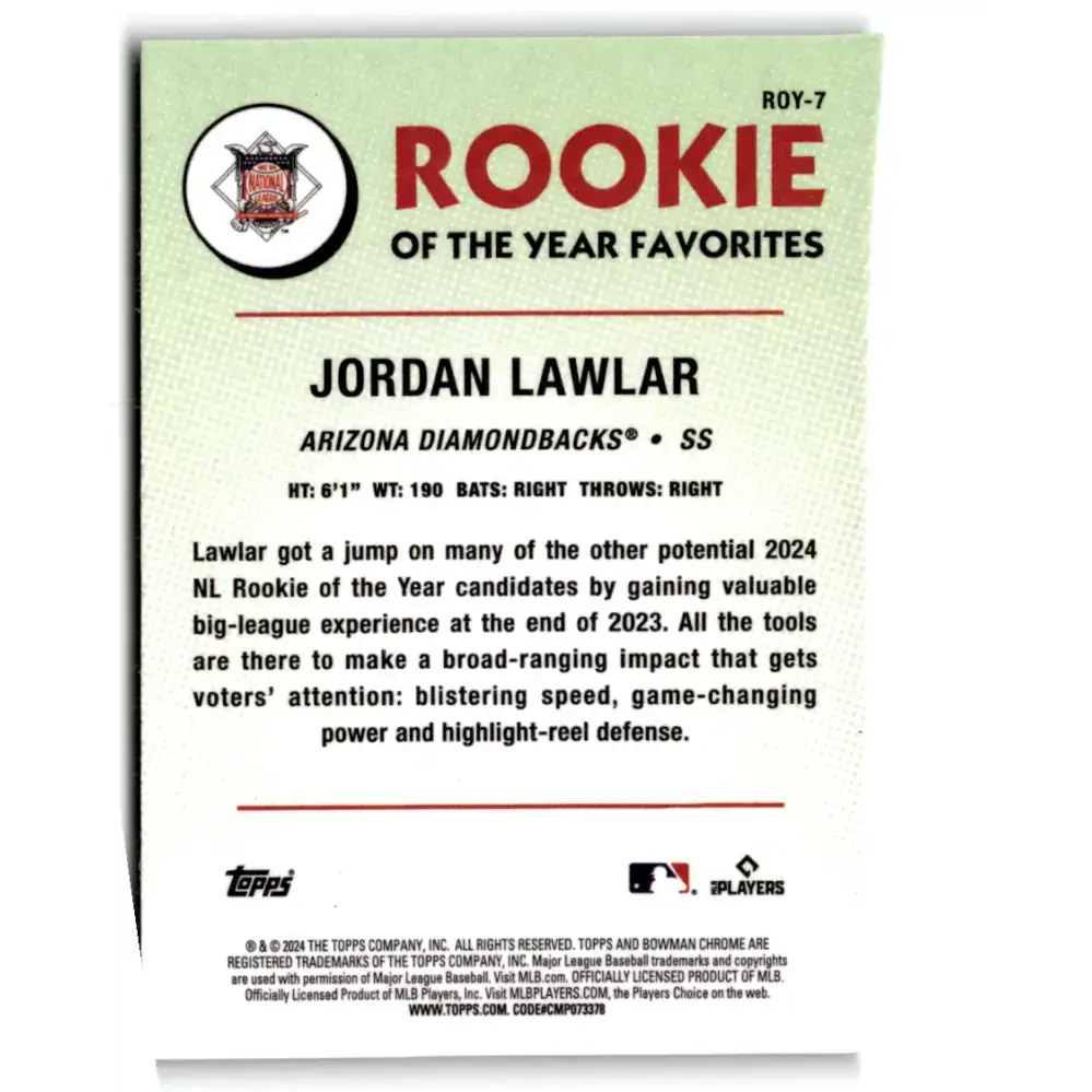 2024 Bowman Mega Box Mojo Rookie of the Year Favorites Refractor #ROY-7 Jordan Lawlar NM-MT Arizona Diamondbacks