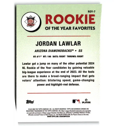 2024 Bowman Mega Box Mojo Rookie of the Year Favorites Refractor #ROY-7 Jordan Lawlar NM-MT Arizona Diamondbacks