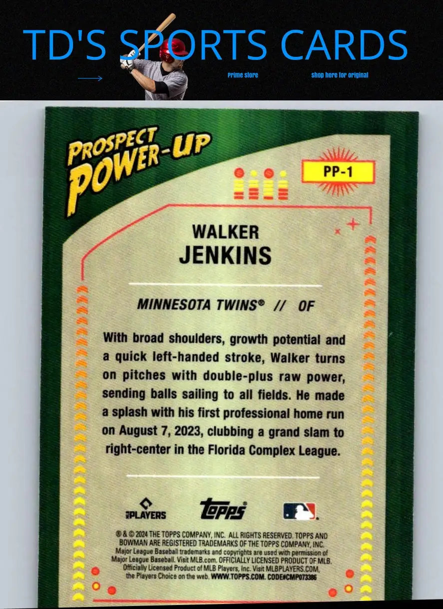 Walker Jenkins baseball card from 2024 Bowman Prospect Power-Up Mojo Refractors