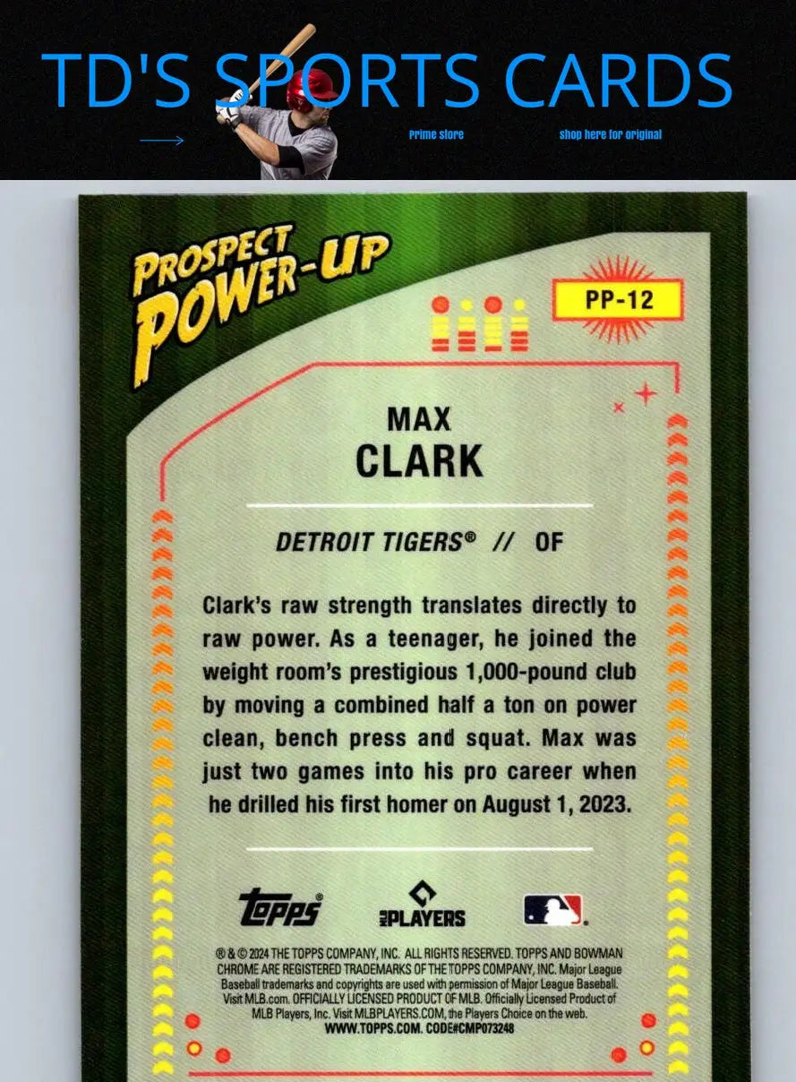 Max Clark baseball card from 2024 Bowman Prospect Power-Up Mojo Refractors
