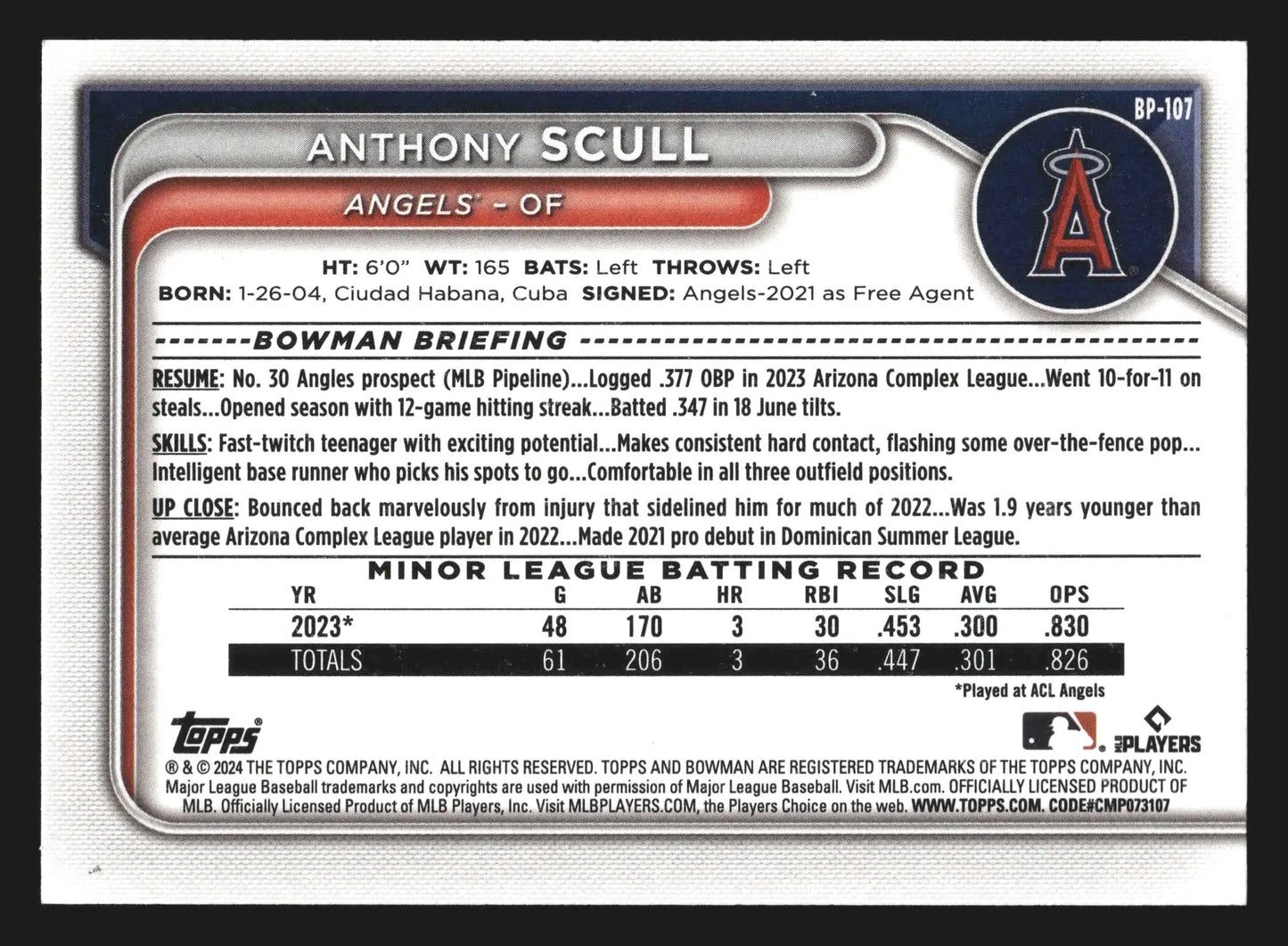 2024 Bowman Prospects Anthony Scull #BP-107 Angels 1st Bowman - Baseball Card Single
