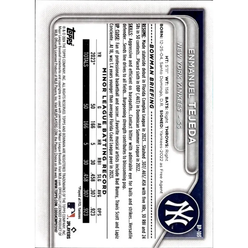 2024 Bowman Prospects #BP-103 Enmanuel Tejeda NM-MT New York Yankees Baseball Card - Baseball Card Single