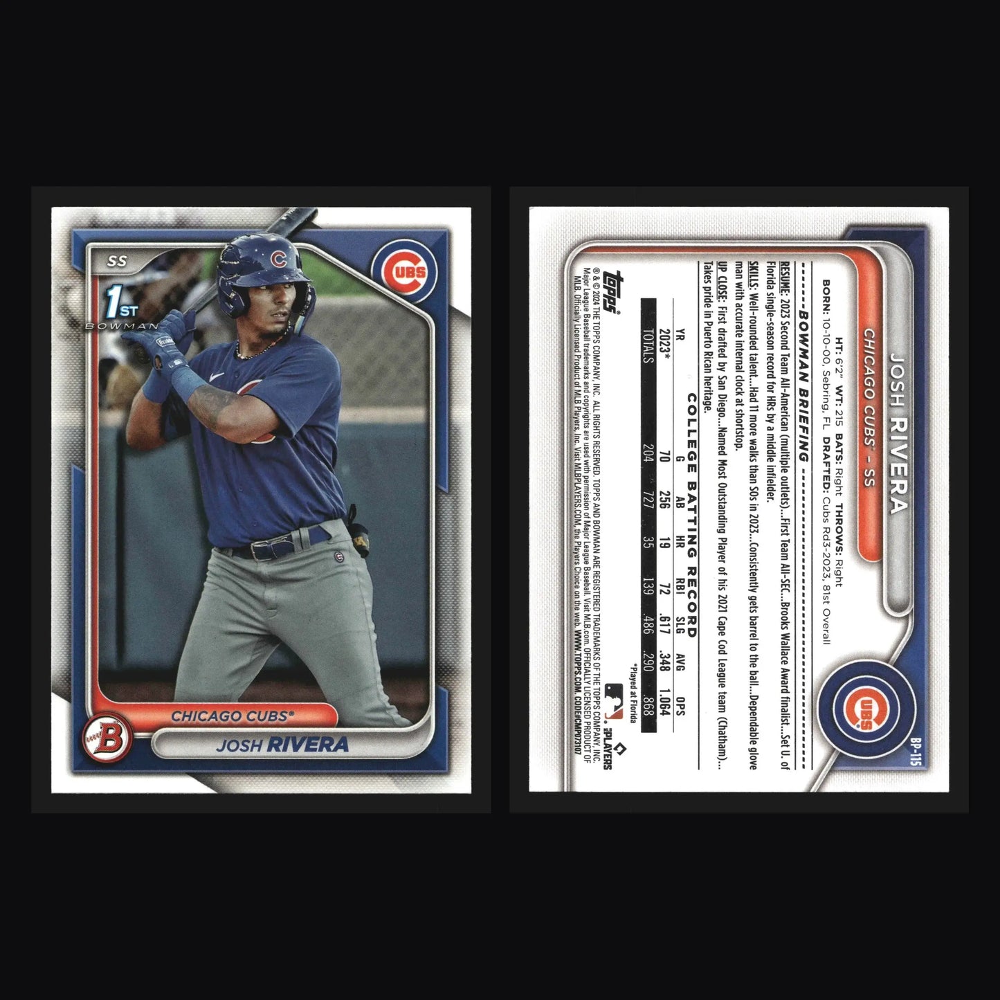 2024 Bowman Prospects #BP-115 Josh Rivera 1st Bowman Chicago Cubs - Baseball Card Single
