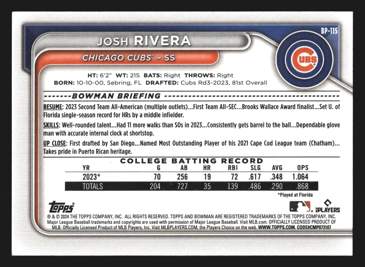 2024 Bowman Prospects #BP-115 Josh Rivera 1st Bowman Chicago Cubs - Baseball Card Single