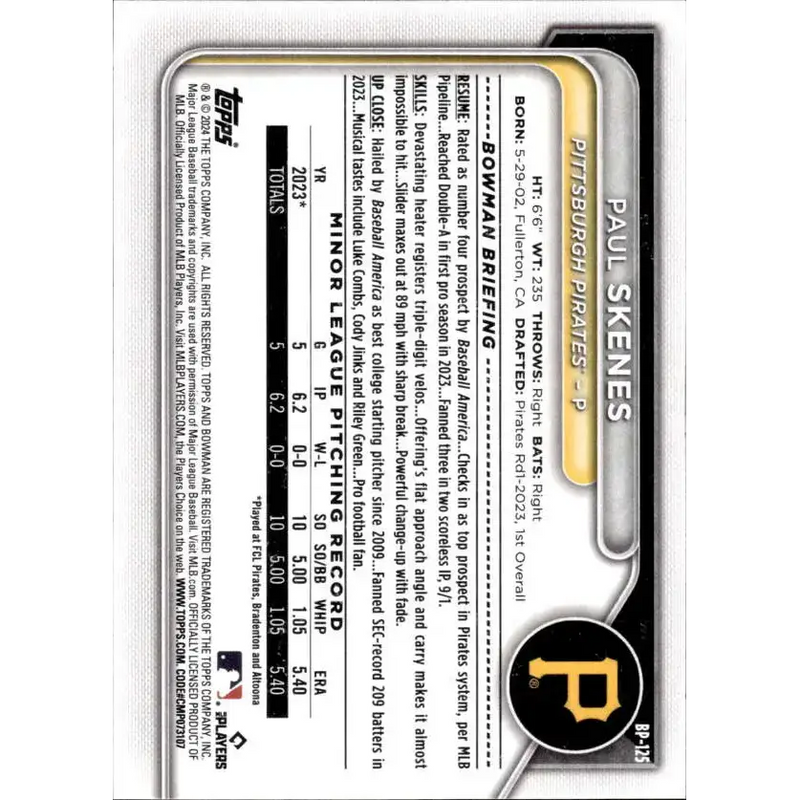 2024 Bowman Prospects #BP-125 Paul Skenes NM-MT Pittsburgh Pirates Baseball Card - Baseball Card Single