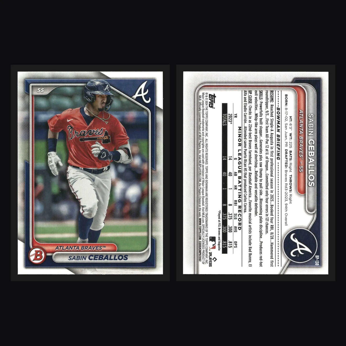 2024 Bowman Prospects #BP-130 Sabin Ceballos Atlanta Braves