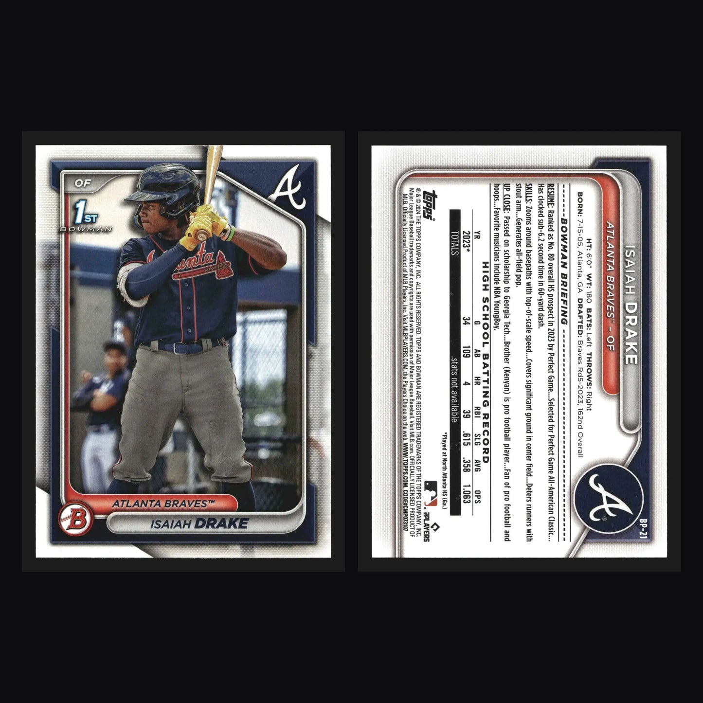 2024 Bowman Prospects #BP-21 Isaiah Drake Braves 1st Bowman