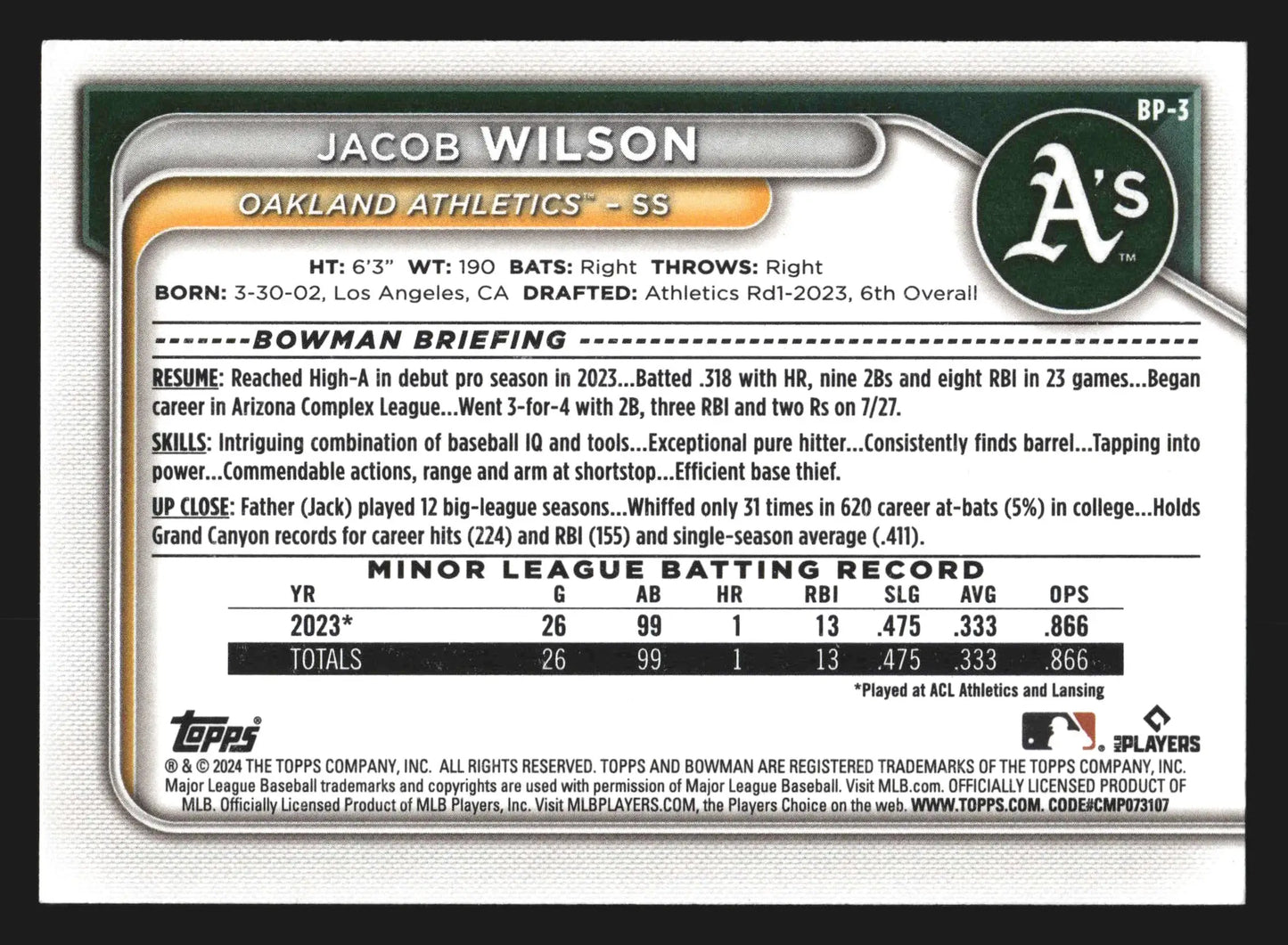 2024 Bowman Prospects #BP-3 Jacob Wilson Oakland Athletics - Baseball Card Single