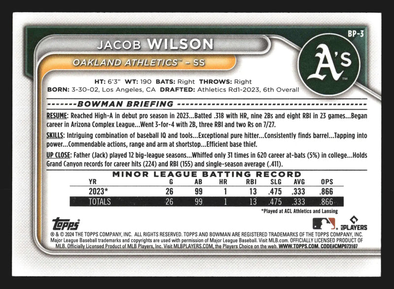 2024 Bowman Prospects #BP-3 Jacob Wilson Oakland Athletics - Baseball Card Single