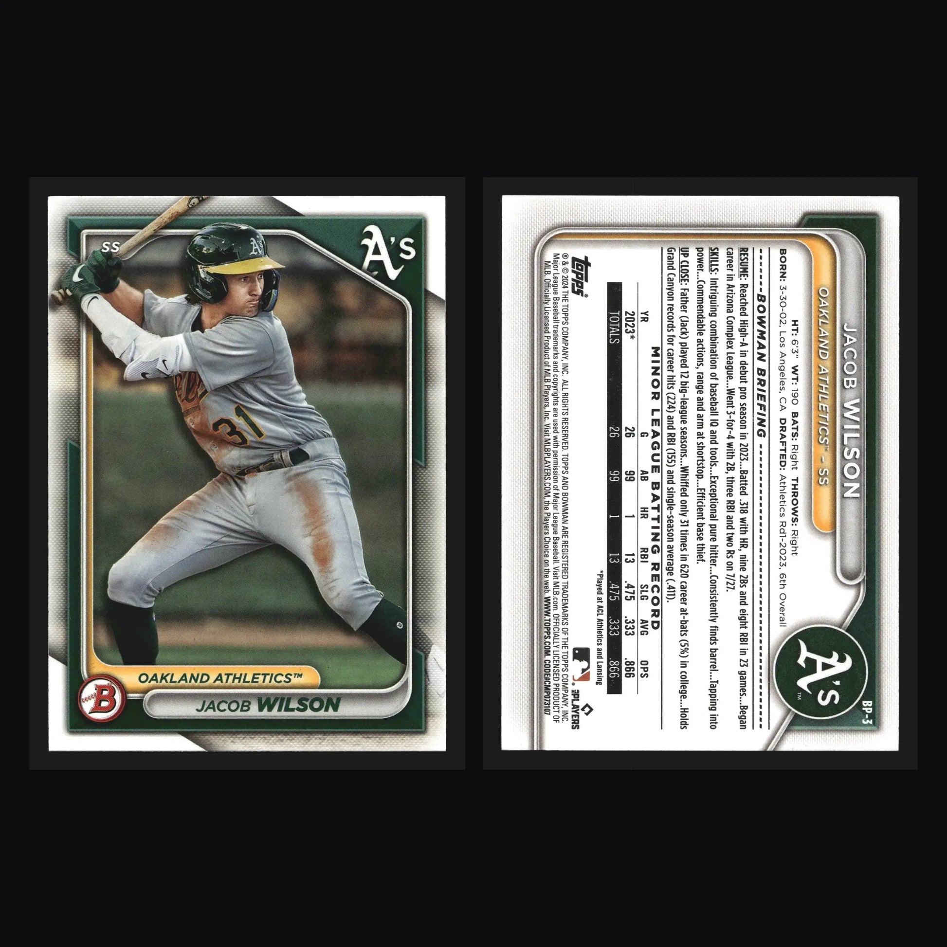 2024 Bowman Prospects #BP-3 Jacob Wilson Oakland Athletics - Baseball Card Single