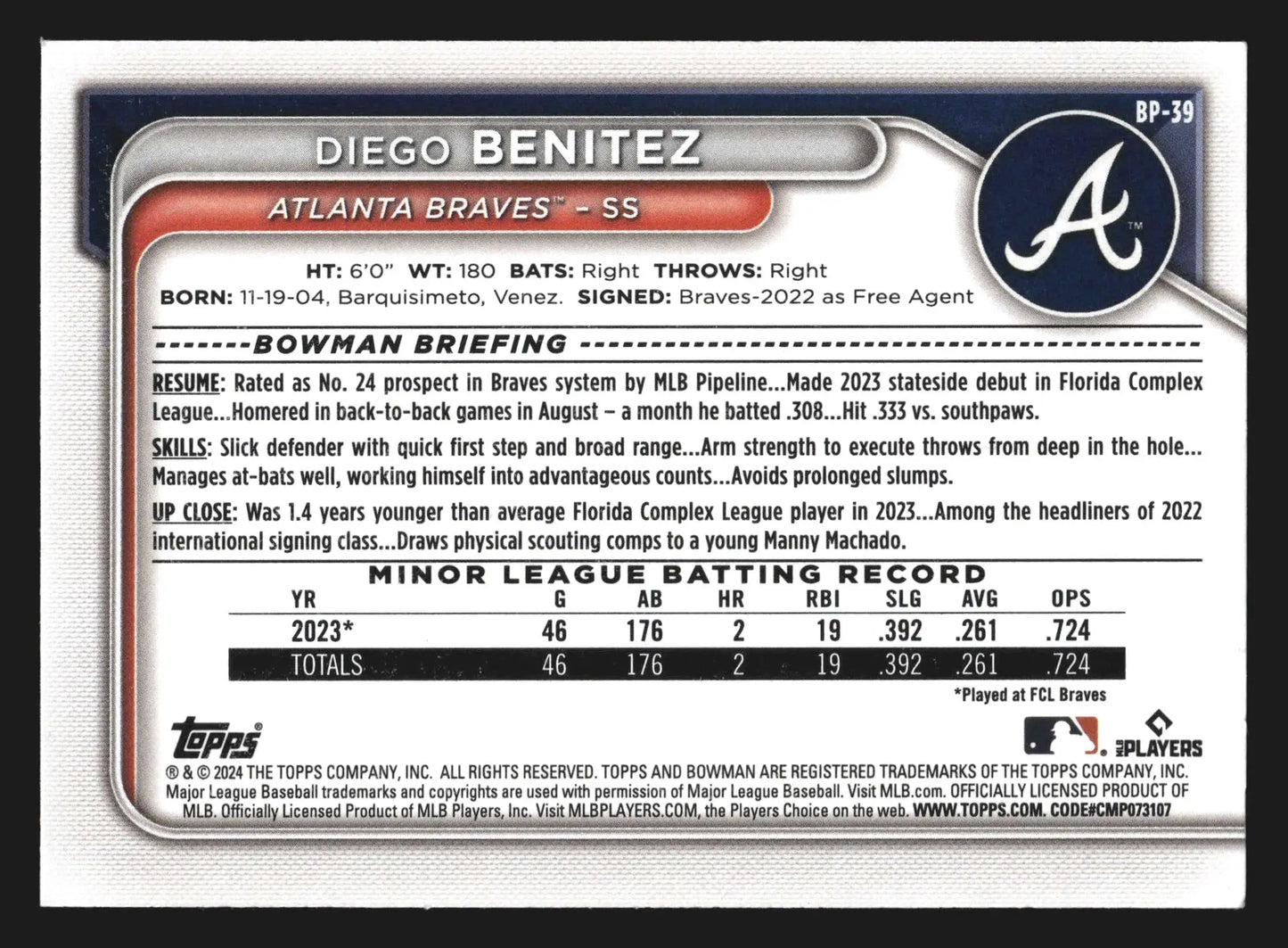 2024 Bowman Prospects #BP-39 Diego Benitez Braves 1st Bowman