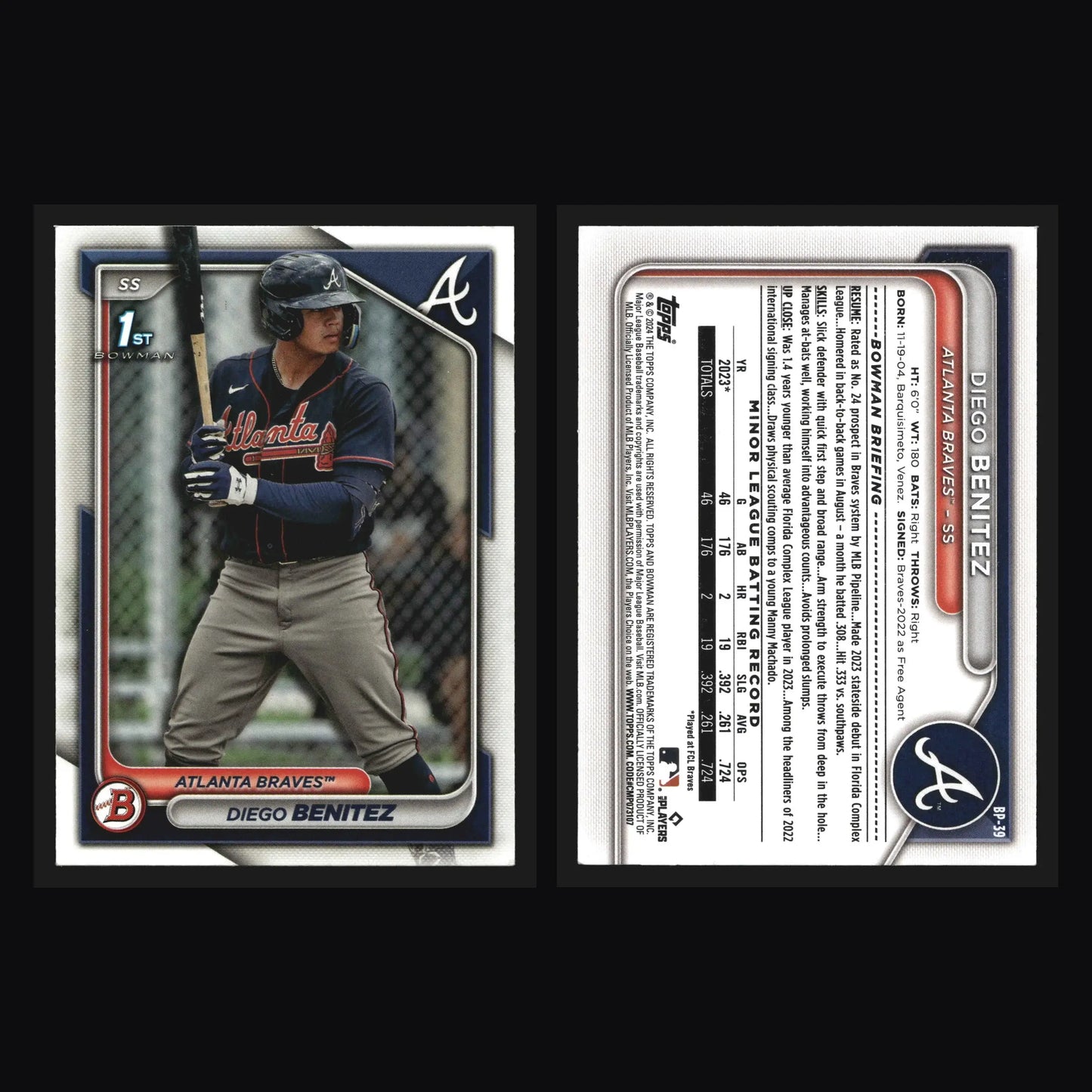 2024 Bowman Prospects #BP-39 Diego Benitez Braves 1st Bowman