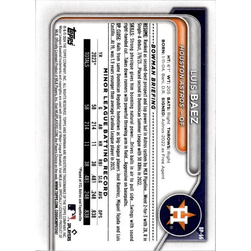 2024 Bowman Prospects #BP-66 Luis Baez NM-MT Houston Astros Baseball Card - Baseball Card Single