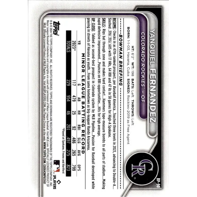 2024 Bowman Prospects #BP-90 Yanquiel Fernandez NM-MT Colorado Rockies Baseball Card - Baseball Card Single