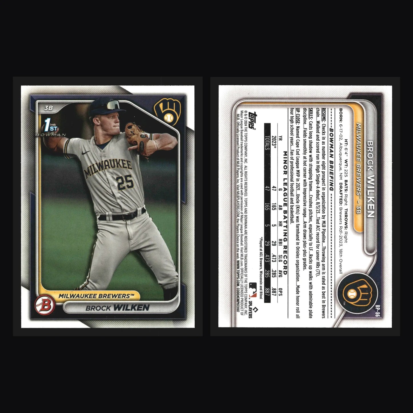 2024 Bowman Prospects Brock Wilken #BP-86 1st Bowman Brewers - Baseball Card Single