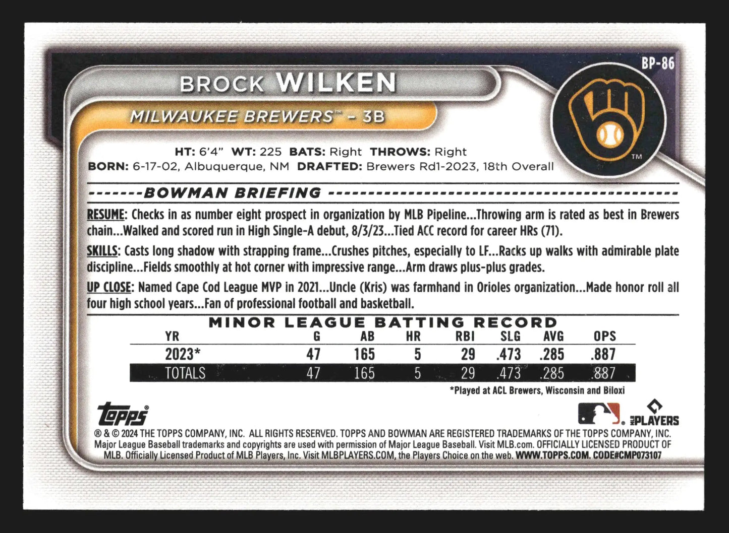 2024 Bowman Prospects Brock Wilken #BP-86 1st Bowman Brewers - Baseball Card Single