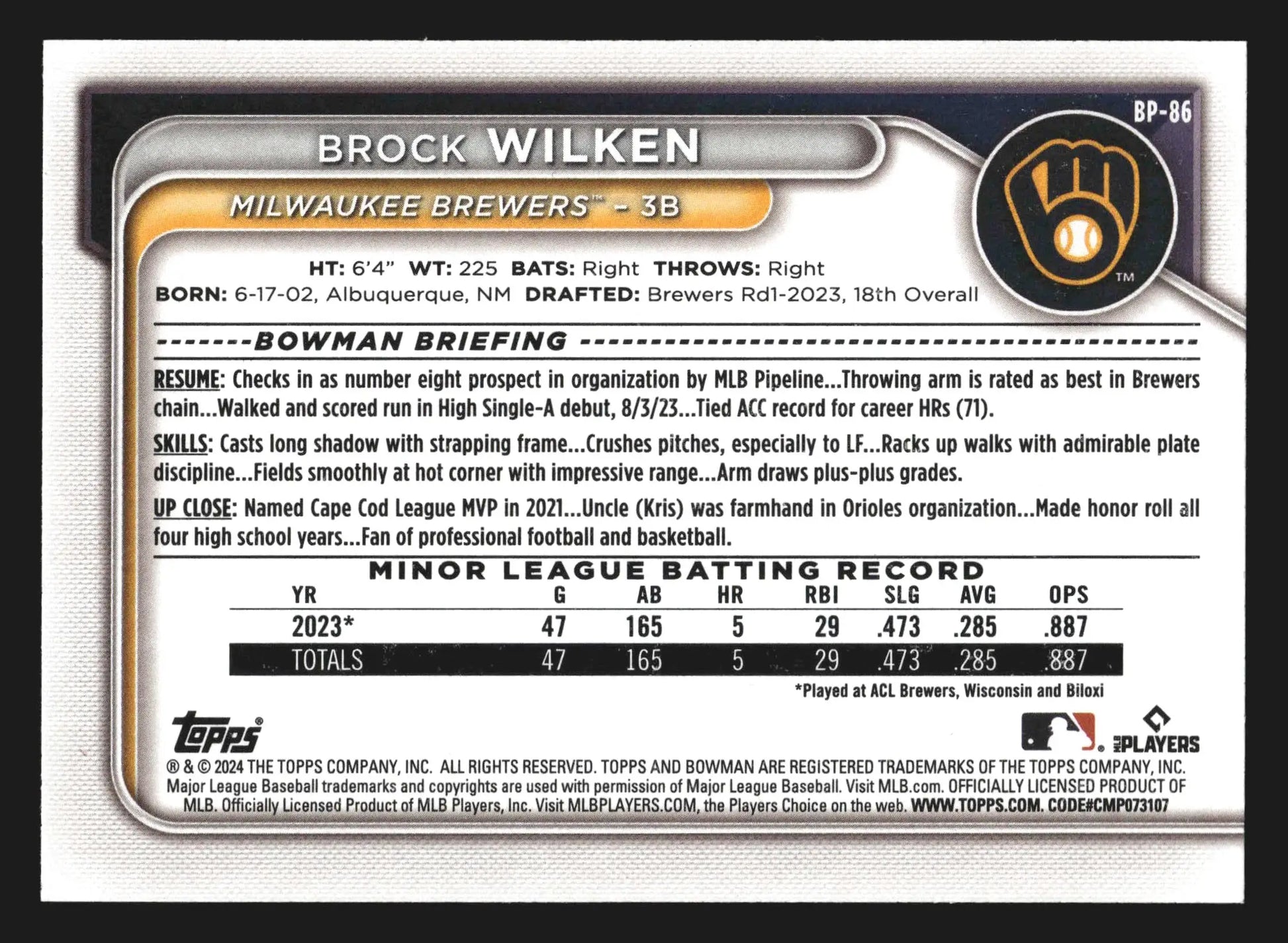 2024 Bowman Prospects Brock Wilken #BP-86 1st Bowman Brewers - Baseball Card Single