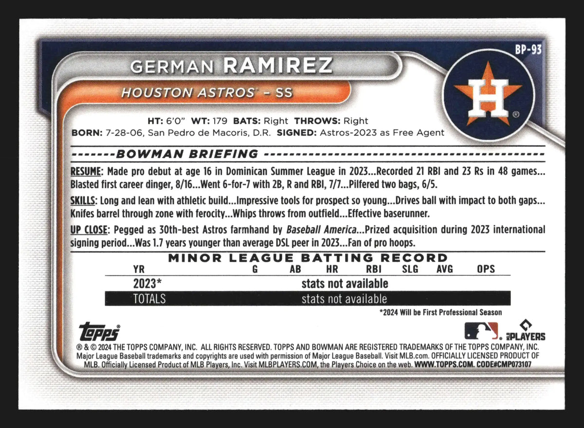 2024 Bowman Prospects German Ramirez #BP-93 1st Bowman Astros - Baseball Card Single