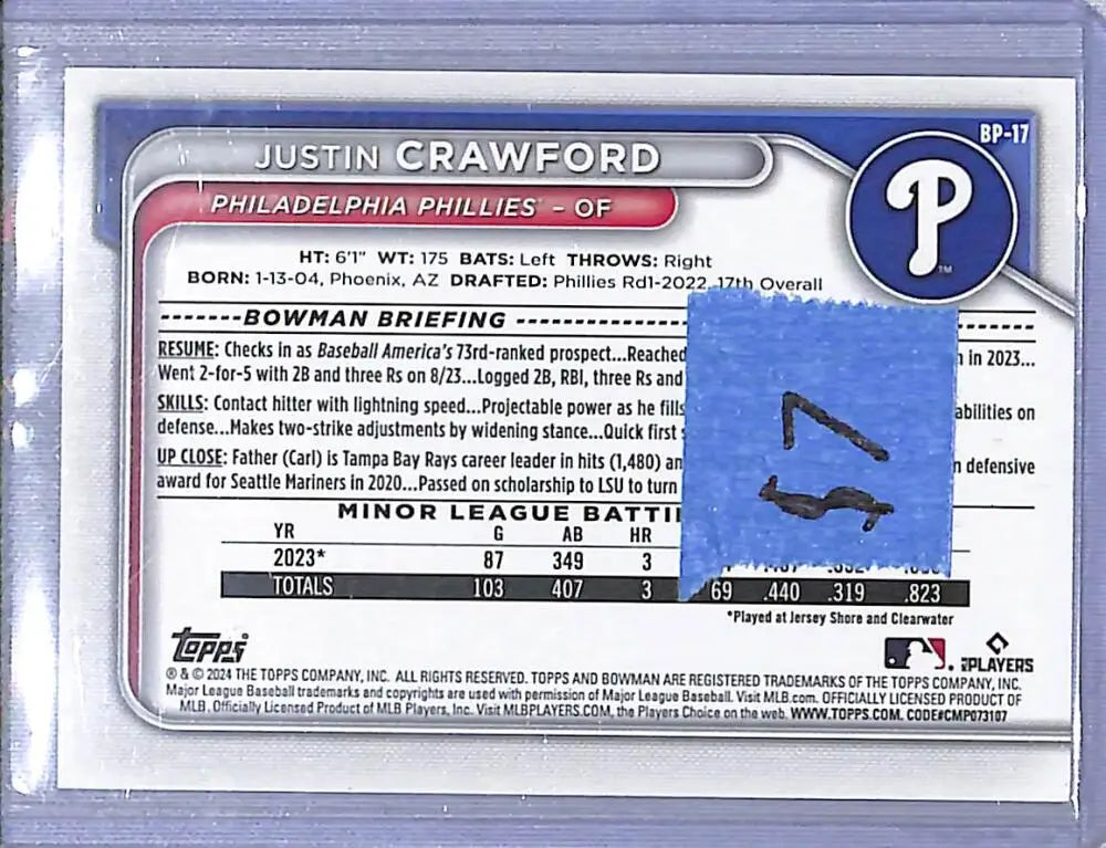 2024 Bowman Purple #BP-17 Justin Crawford NM-MT 46/199 Philadelphia Phillies
