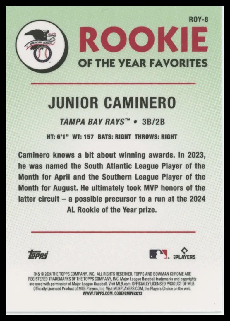 2024 Bowman - Rookie of the Year Favorites Junior Caminero ROY-8 Tampa Bay Rays - Baseball Card Single