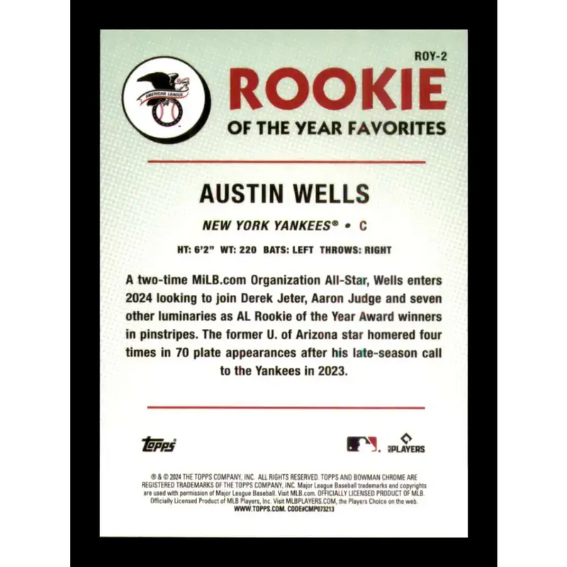 2024 Bowman Rookie of the Year Favorites Refractor #ROY-2 Austin Wells NM-MT New York Yankees Baseball Card - Baseball