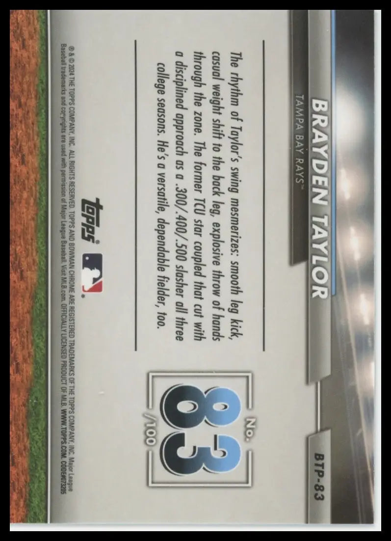 2024 Bowman - Bowman Scouts’ Top 100 Brayden Taylor BTP-83 Tampa Bay Rays NM - Baseball Card Single