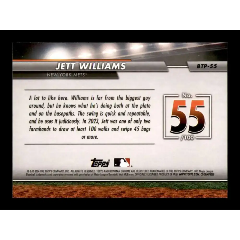 2024 Bowman Top 100 Refractor #BTP-55 Jett Williams NM-MT New York Mets Baseball Card - Baseball Card Single