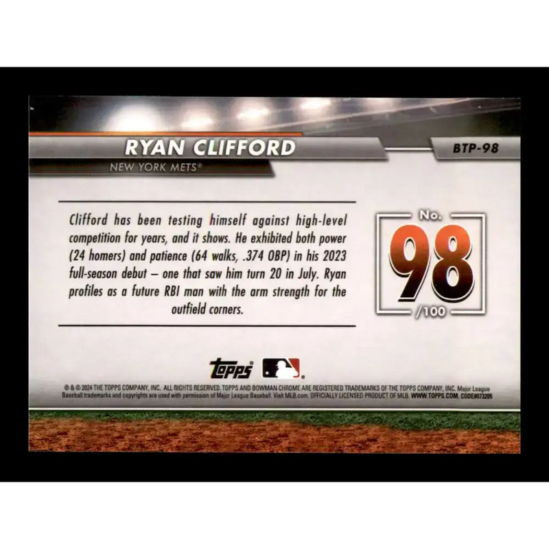 2024 Bowman Top 100 Refractor #BTP-98 Ryan Clifford NM-MT New York Mets Baseball Card - Baseball Card Single