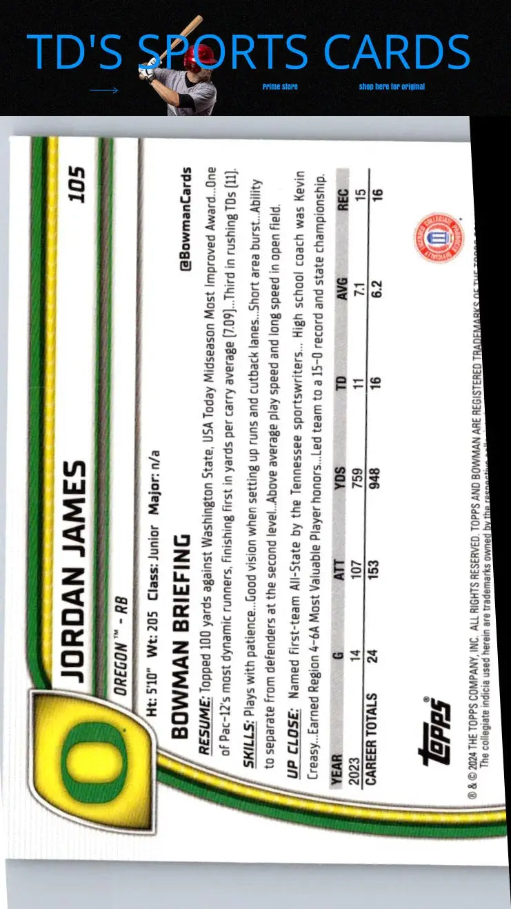 Jordan James football card from 2024 Bowman University Chrome #105 collectible series
