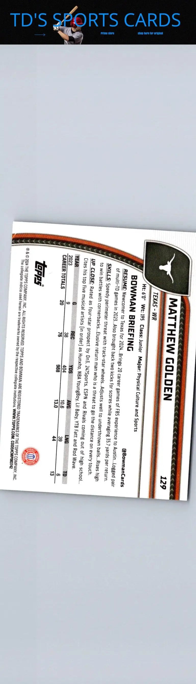 Matthew Golden football card from 2024 Bowman University Chrome #129 series