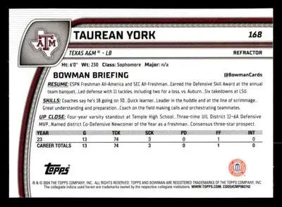 2024 Bowman University Chrome #168 Taurean York Refractor - Football Card Single