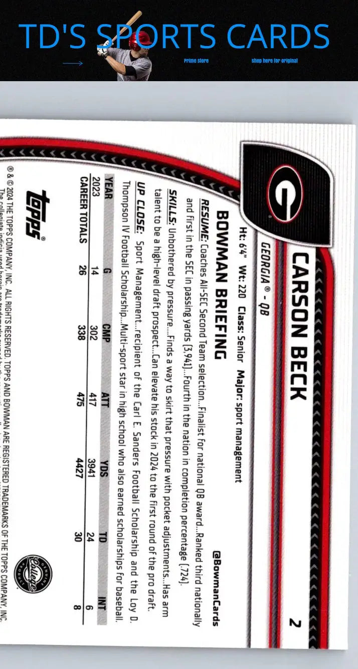 Carson Beck football card from 2024 Bowman University Chrome #2 product