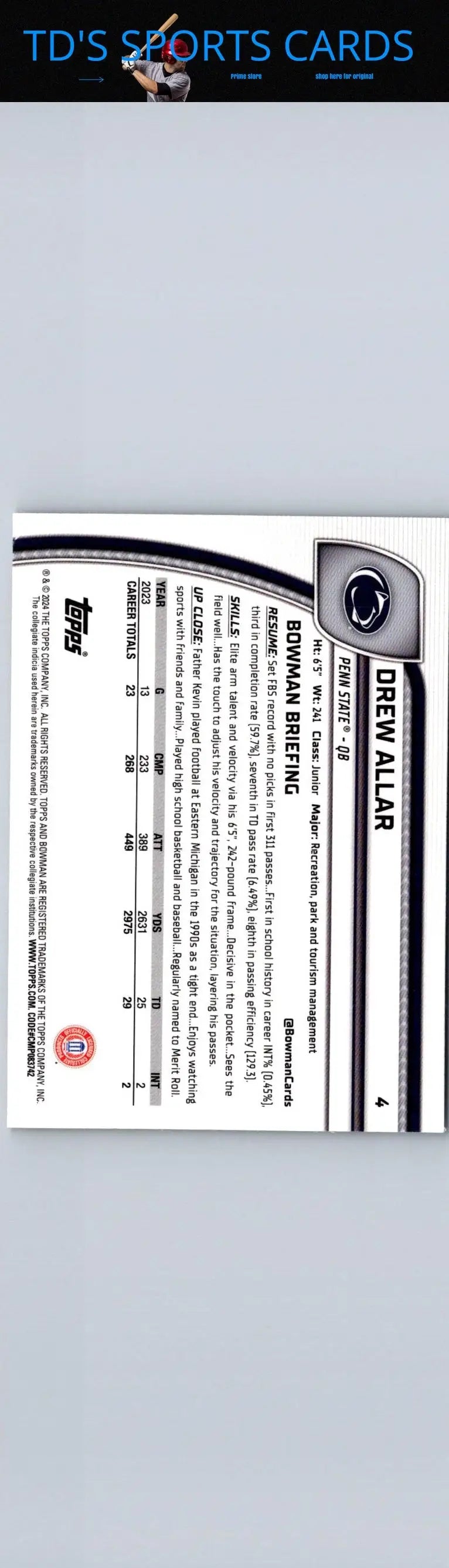 Back of the 2024 Bowman University Chrome #4 Drew Allar baseball card