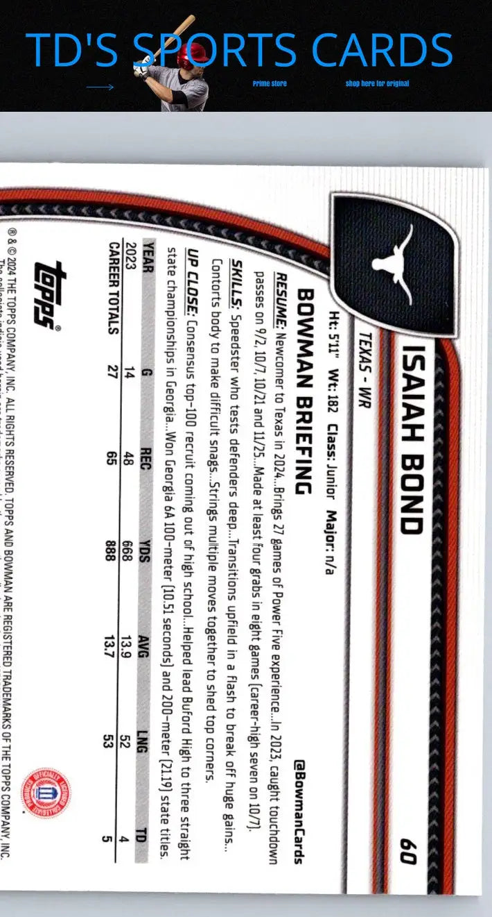 Isaiah Bond football card from 2024 Bowman University Chrome #60 collectible set