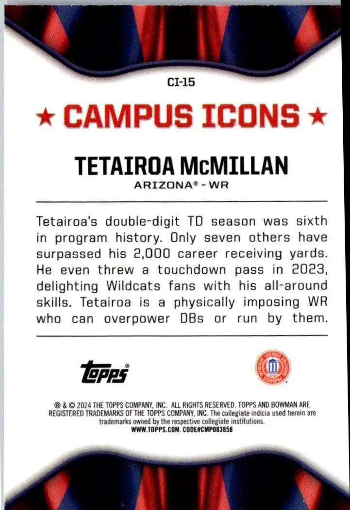 Tetairoa McMillan football card from 2024 Bowman University Chrome Campus Icons series