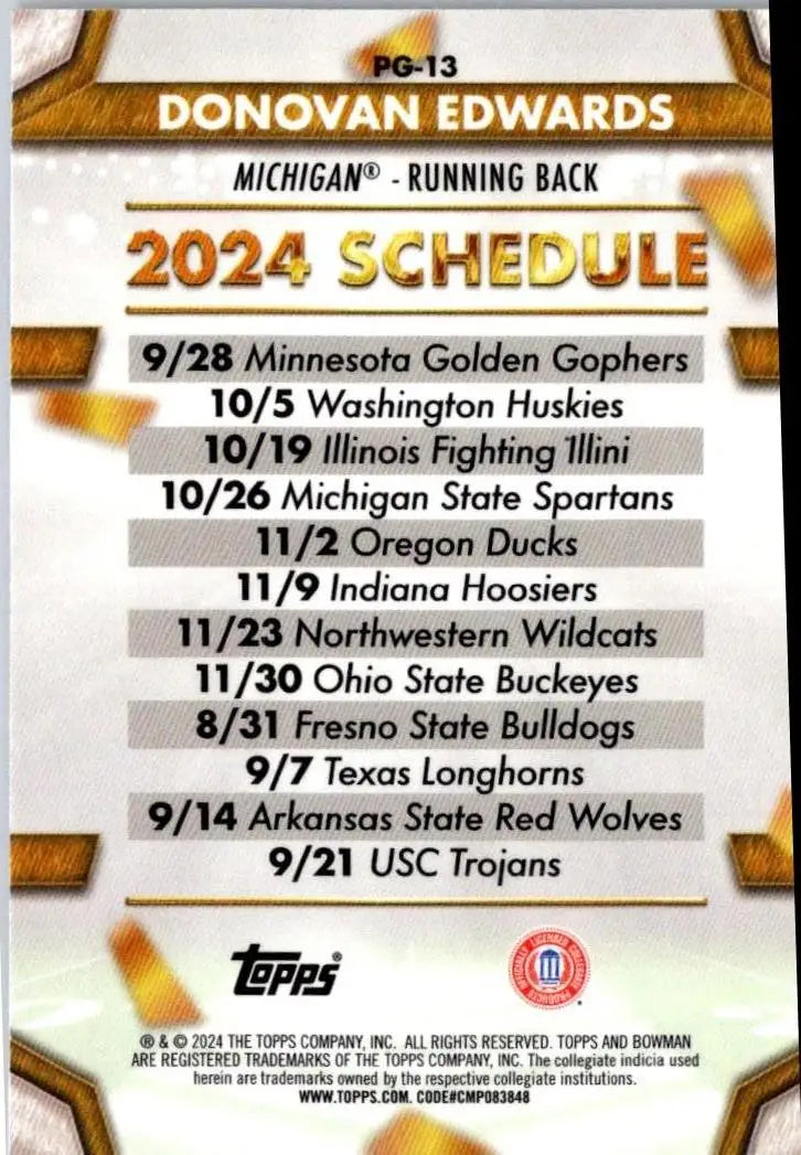 Donovan Edwards 2024 Michigan Football Schedule Card from Bowman University Chrome Path to Glory