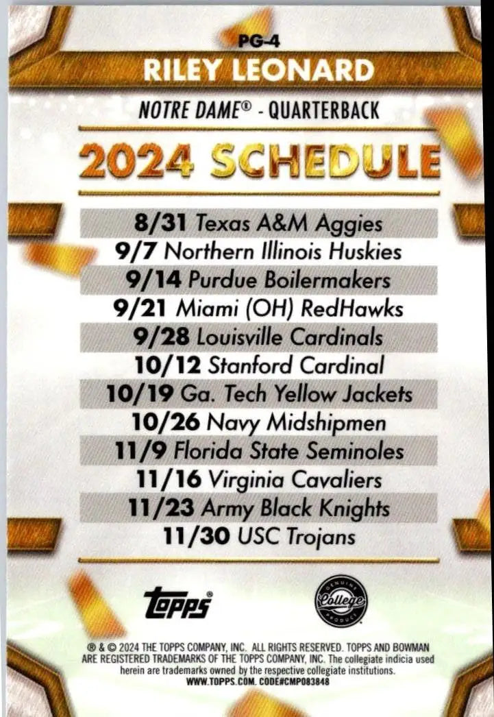 Riley Leonard’s 2024 Notre Dame football schedule on Bowman University Chrome card