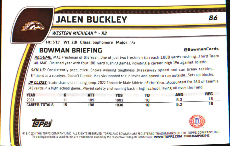 2024 Bowman University Chrome X-Fractor #86 Jalen Buckley