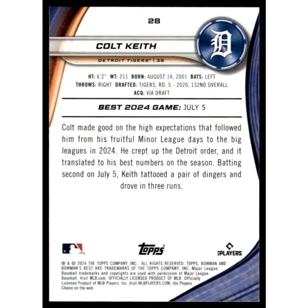 2024 Bowman’s Best #28 Colt Keith NM-MT RC Rookie Detroit Tigers Baseball Card