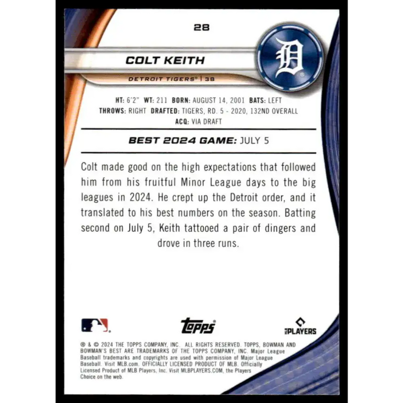 2024 Bowman’s Best #28 Colt Keith NM-MT RC Rookie Detroit Tigers Baseball Card