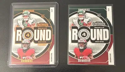 Football trading cards featuring Braelon Allen and Bucky Irving, one in protective sleeve