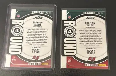 Football trading cards featuring Bucky Irving in protective sleeve from 2024 Contenders Braelon Allen series