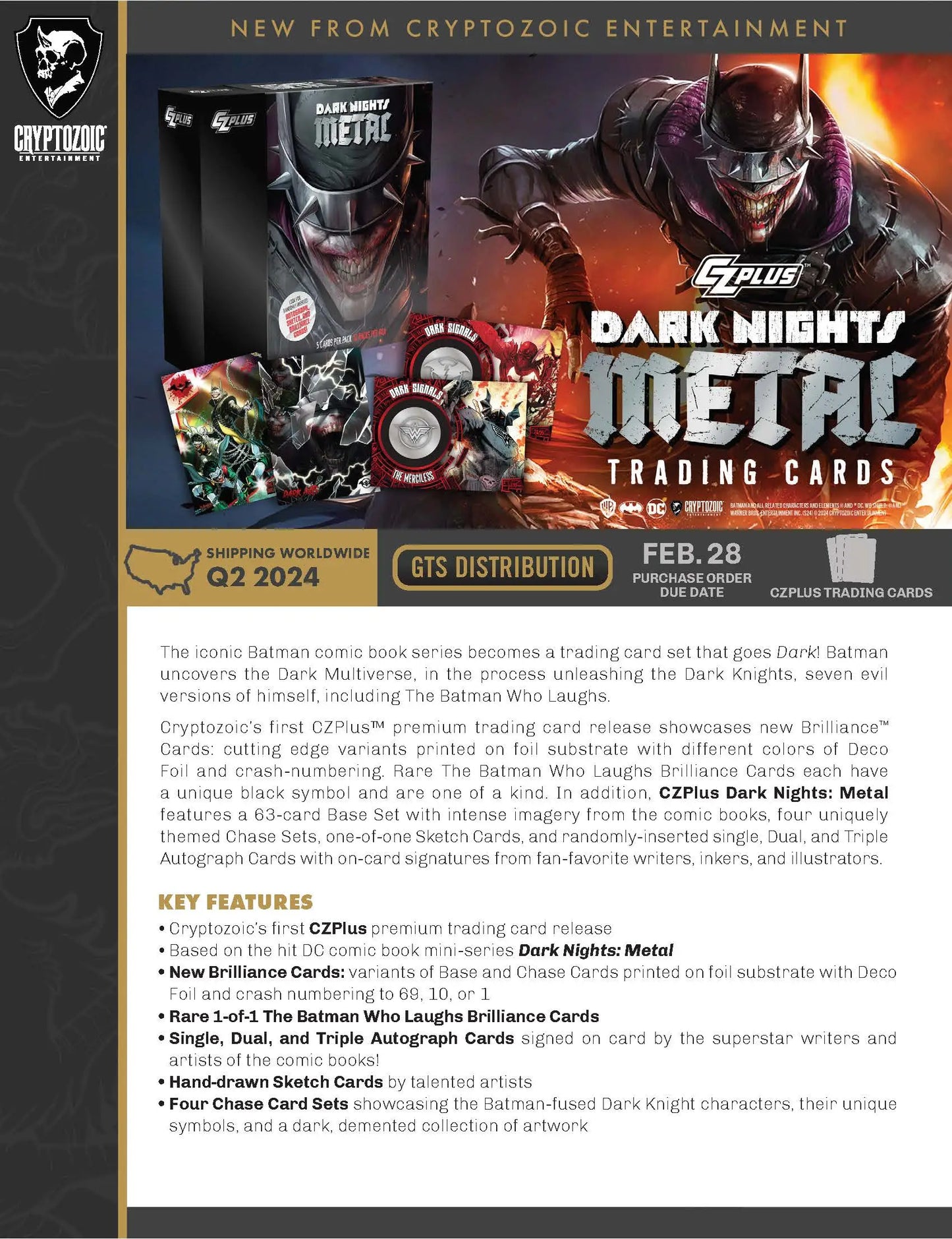 Dark Nights Metal trading cards promotional ad for 2024 Cryptozoic CZPlus pre-order
