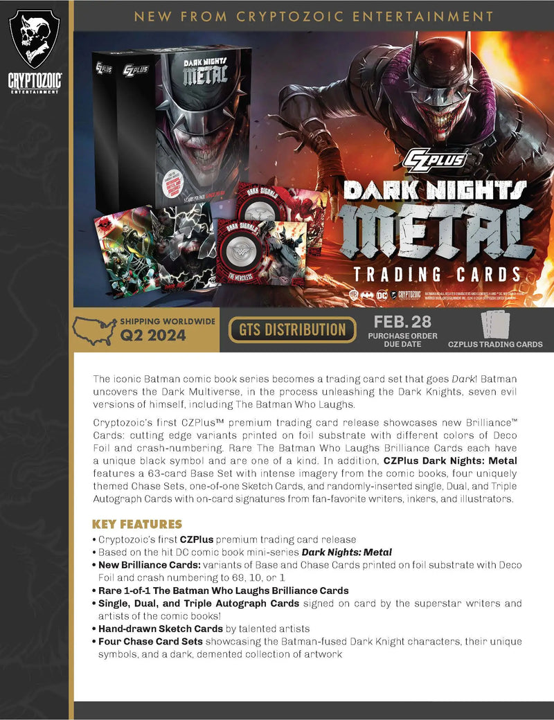 Dark Nights Metal trading cards promotional ad for 2024 Cryptozoic CZPlus pre-order