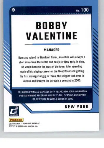 Original gloss Bobby Valentine baseball card NM-MT from 2024 Donruss #100 Mets