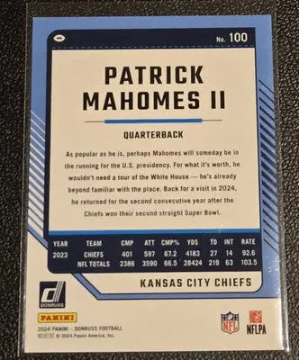 Patrick Mahomes Kansas City Chiefs Mahomes II football card from 2024 Donruss series